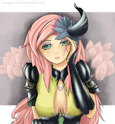 Size: 1300x1400 | Tagged: safe, artist:novaquinmat, fluttershy, human, g4, breasts, busty fluttershy, crossover, eyeshadow, female, humanized, looking at you, makeup, queen of the night, solo, yu-gi-oh!