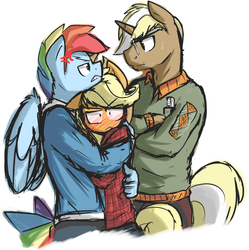 Size: 880x884 | Tagged: safe, artist:nolycs, applejack, rainbow dash, trenderhoof, anthro, g4, applejack gets all the stallions, blushing, clothes, defending, female, growling, half r63 shipping, hipster, love triangle, male, plaid shirt, protecting, rainbow blitz, rule 63, ship:appleblitz, ship:appledash, shipping, simple background, straight, sweater