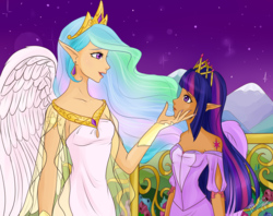 Size: 4800x3800 | Tagged: safe, artist:berrysplash, princess celestia, twilight sparkle, human, g4, dark skin, elf ears, humanized, twilight sparkle (alicorn), unicorns as elves, winged humanization