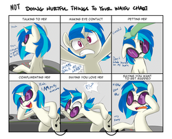 Size: 1600x1300 | Tagged: safe, artist:adequality, artist:jessy, dj pon-3, vinyl scratch, oc, oc:anon, accessory theft, blushing, dialogue, disembodied hand, doing loving things, exclamation point, floppy ears, hand, interrobang, meme, open mouth, question mark, tsundere, turntable, waifu