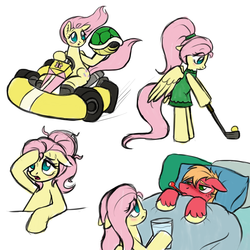 Size: 1200x1200 | Tagged: safe, artist:marindashy, big macintosh, fluttershy, earth pony, pony, g4, alternate hairstyle, backwards thermometer, bipedal, blushing, clothes, dress, female, golf, koopa shell, male, mario kart, ship:fluttermac, shipping, sick, straight, super mario bros., sweat, thermometer