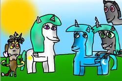 Size: 751x498 | Tagged: dead source, safe, artist:tunder2510, discord, king sombra, princess celestia, princess luna, queen chrysalis, g4, 1000 hours in ms paint, ms paint