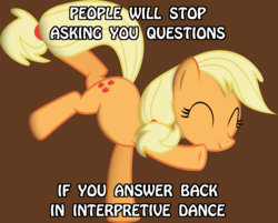 Size: 1274x1024 | Tagged: safe, applejack, g4, advice, caption, dancing, eyes closed, female, interpretive dance, solo