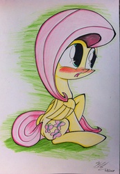 Size: 1384x2004 | Tagged: safe, artist:pelate, fluttershy, g4, blushing, female, solo, traditional art