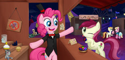 Size: 1283x623 | Tagged: safe, artist:obcor, lily, lily valley, pinkie pie, roseluck, smarty pants, oc, breezie, pony, g4, ball, bipedal, bowtie, clothes, cotton candy, crown, fair, ferris wheel, flashback potion, food, hat, kiosk, muffin, top hat