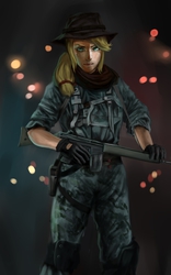 Size: 4117x6614 | Tagged: safe, artist:tiger-type, applejack, human, g4, absurd resolution, badass, clothes, female, gloves, gun, h&k g3, humanized, looking at you, military, military uniform, solo, weapon