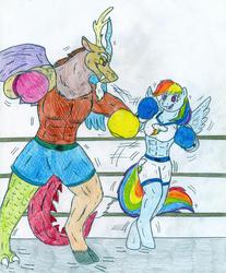 Size: 850x1027 | Tagged: safe, artist:jose-ramiro, discord, rainbow dash, pegasus, anthro, g4, boxing, boxing gloves, boxing shorts, clothes, female, fighting ring, male, mixed boxing, sports bra