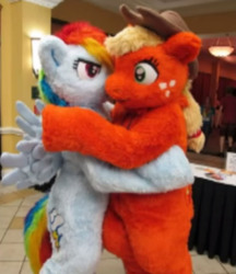 Size: 606x701 | Tagged: safe, artist:spainfischer, applejack, rainbow dash, earth pony, human, pegasus, pony, g4, 2011, clothes, convention, cosplay, embrace, fursuit, hug, hugging a pony, irl, irl human, megaplex, photo, ponysuit, pose, smiling, smirk, suit, tail, wings