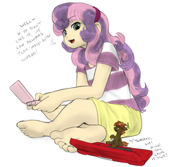 Size: 906x882 | Tagged: safe, artist:alloyrabbit, color edit, edit, button mash, sweetie belle, human, g4, 3ds, barefoot, clothes, colored, feet, humanized, micro, nintendo, shrunk, size difference, skirt, soles, tiny ponies, toes