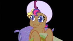 Size: 1136x640 | Tagged: safe, screencap, scootaloo (g3), earth pony, pony, g3, g3.5, newborn cuties, black background, female, simple background, solo, teapot, youtube poop