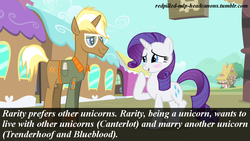 Size: 1280x720 | Tagged: safe, edit, edited screencap, screencap, prince blueblood, rarity, trenderhoof, pony, unicorn, g4, female, headcanon, male, mare, redpilled-mlp-headcanons, stallion