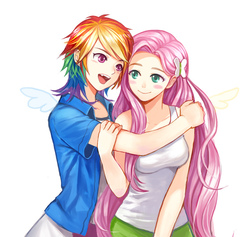 Size: 709x672 | Tagged: safe, artist:momori, fluttershy, rainbow dash, human, equestria girls, g4, blushing, breasts, busty fluttershy, clothes, delicious flat chest, equestria girls outfit, female, hairpin, hug, humanized, lesbian, open mouth, rainbow flat, ship:flutterdash, shipping, simple background, smiling, white background