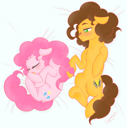 Size: 1429x1434 | Tagged: safe, artist:dragonfoxgirl, cheese sandwich, pinkie pie, g4, bed, blushing, curled up, female, male, pinkieball, ship:cheesepie, shipping, sleeping, straight