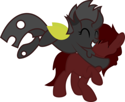 Size: 1044x851 | Tagged: source needed, useless source url, safe, artist:the-doctor-kami, oc, oc only, oc:steel soul, oc:vanilla the changeling, changeling, nymph, blank flank, changeling oc, colt, hug, male, simple background, transparent background, vector, yellow changeling