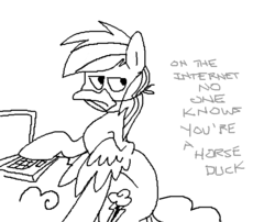 Size: 714x577 | Tagged: safe, artist:shinypikachu25, rainbow dash, duck, g4, duck bill, female, hilarious in hindsight, monochrome, op is a duck (reaction image), rainbow dash is a duck, rainbow duck, solo