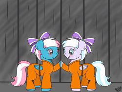 Size: 1024x768 | Tagged: safe, artist:alicornlourdes, lilac sky, spring step, sunlight spring, g4, belt, blushing, bound wings, bow, clothes, duo, hoofbump, prison, prison outfit, prisoner, smiling