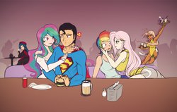 Size: 1280x812 | Tagged: safe, artist:scorpdk, fluttershy, princess celestia, rainbow dash, human, g4, :t, bar, bedroom eyes, beer, blushing, breasts, burger, busty fluttershy, crossover, dragon ball, dragon ball z, eating, female, hairpin, hug, humanized, imminent kissing, lesbian, looking back, lucia, lunar 2, male, open mouth, over 9000, ship:flutterdash, shipping, silhouette, smiling, supelestia, superman, the crack otp to end all crack otps, vegeta, wide eyes, wink, xf-10