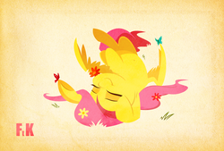 Size: 2619x1773 | Tagged: safe, artist:fluttershythekind, fluttershy, butterfly, pegasus, pony, g4, belly button, cute, eyes closed, female, flower, horses doing horse things, mare, on back, rolling, shyabetes, smiling, solo, underhoof, wings