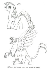 Size: 1280x1801 | Tagged: safe, artist:tantyonishikigoi, gilda, rarity, griffon, g4, monochrome, traditional art