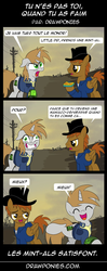 Size: 563x1420 | Tagged: safe, artist:drawponies, oc, oc only, oc:calamity, oc:littlepip, pegasus, pony, unicorn, fallout equestria, clothes, comic, fanfic, fanfic art, female, french, hat, horn, jumpsuit, male, mare, pipbuck, smiling, stallion, translation, vault suit, wasteland, wings