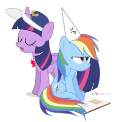 Size: 825x870 | Tagged: safe, artist:dm29, rainbow dash, twilight sparkle, alicorn, pony, g4, annoyed, book, cross-eyed, dunce hat, duo, eyes closed, female, frown, hat, mare, open mouth, rainbow dashs coaching whistle, simple background, sitting, transparent background, twilight sparkle (alicorn), unamused, whistle, whistle necklace, xp