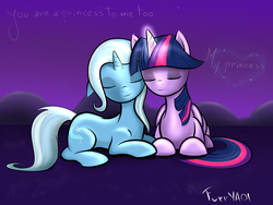 Size: 2000x1500 | Tagged: safe, artist:scouthiro, trixie, twilight sparkle, alicorn, pony, g4, commission, female, lesbian, mare, ship:twixie, shipping, twilight sparkle (alicorn)