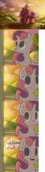 Size: 1280x4823 | Tagged: safe, artist:spikedmauler, apple bloom, sweetie belle, earth pony, pegasus, pony, unicorn, g4, comic, cute, fourth wall, go ask sweetie belle, looking at you, looking up, notice, open mouth, orchard, raised hoof, smiling, speech bubble, sunset, surprised, sweet apple acres, tree, tumblr, waving, well