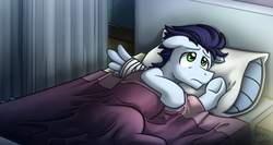 Size: 2435x1300 | Tagged: safe, artist:bcpony, soarin', pegasus, pony, g4, rainbow falls, bandage, bed, cute, injured, lonely soarin', lying on bed, male, solo, stallion