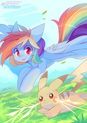 Size: 585x826 | Tagged: safe, artist:pekou, rainbow dash, pikachu, g4, pokémon