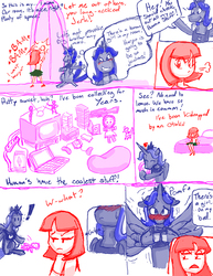 Size: 893x1155 | Tagged: safe, artist:redanon, princess luna, oc, oc:anon, oc:femanon, human, g4, comic, disgusted, famas, femanon in malequestria, nerd, pomf, prince artemis, rule 63, shipping, wingboner