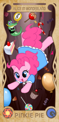 Size: 449x921 | Tagged: dead source, safe, artist:apzzang, candy apples, gummy, pinkie pie, earth pony, pony, g4, alice in wonderland, apple family member, balloon, cake, candy, candy cane, clock, clothes, cupcake, dress, falling, food, lollipop, parody