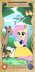 Size: 449x921 | Tagged: dead source, safe, artist:apzzang, angel bunny, fluttershy, bird, butterfly, deer, rabbit, squirrel, g4, animal, clothes, crossover, disney, dress, parody, snow white
