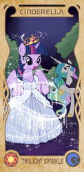 Size: 449x921 | Tagged: dead source, safe, artist:apzzang, princess celestia, twilight sparkle, alicorn, pony, g4, cinderella, clothes, disney, dress, duo, element of magic, female, hat, jewelry, magic, mare, parody, tiara, twilight sparkle (alicorn), witch hat