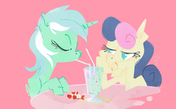 Size: 931x578 | Tagged: safe, artist:cruddydoodles, bon bon, lyra heartstrings, sweetie drops, earth pony, pony, unicorn, g4, adorabon, candy, cherry, cherry stem, cute, drink, drinking, duo, eyes closed, female, food, lesbian, looking at someone, lyrabetes, mare, milkshake, pink background, ship:lyrabon, shipping, simple background, sipping, straw
