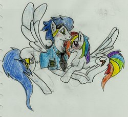 Size: 1024x940 | Tagged: safe, artist:meddowsz, rainbow dash, soarin', g4, blushing, female, male, old cutie mark, ship:soarindash, shipping, straight, traditional art