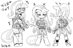 Size: 1143x748 | Tagged: safe, artist:nekubi, fluttershy, g4, clothes, costume, crossover, dead space, detailed, female, japanese, monochrome, pixiv, plasma cutter, rig (dead space), solo