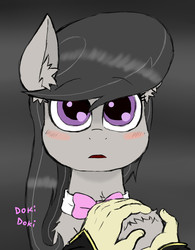 Size: 800x1025 | Tagged: safe, artist:ichibangravity, octavia melody, oc, oc:anon, earth pony, human, pony, g4, background pony, blushing, bowtie, disembodied hand, doki doki, ear fluff, female, holding hooves, mare