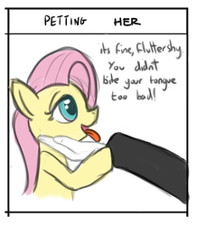 Size: 527x604 | Tagged: artist needed, source needed, safe, fluttershy, oc, oc:anon, g4, doing loving things, misleading thumbnail, open mouth, petting, petting her, smiling, tongue out