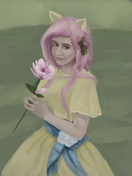 Size: 1200x1600 | Tagged: safe, artist:fahu, artist:moekke, fluttershy, human, g4, cosplay, eared humanization, female, flower, humanized, solo