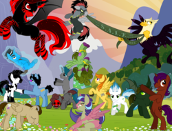 Size: 1280x972 | Tagged: safe, artist:shadowwolf, oc, oc only, oc:agrarian, oc:bloody surprise, oc:bombedrumbum, oc:closet brony, oc:dark matter, oc:doctor discord, oc:emblem, oc:enceladus, oc:inky scribes, oc:lupon, oc:mr mercury, oc:renegade, oc:ricatogoa, oc:shkle, oc:trotsky, alicorn, griffon, pony, alicorn oc, banner, bedroom eyes, blank flank, butt, eating, flying, glasses, group, looking at you, magic, mask, mountain, plot, tongue out