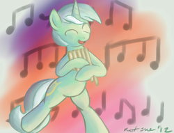 Size: 1413x1080 | Tagged: safe, artist:im not sue, lyra heartstrings, pony, g4, bipedal, female, happy, music notes, musical instrument, pan flute, solo