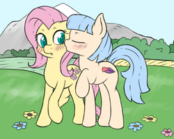 Size: 1250x1000 | Tagged: safe, artist:fearingfun, coco pommel, fluttershy, earth pony, pegasus, pony, g4, blushing, cheek kiss, cocobetes, cocoshy, cute, duo, female, kissing, lesbian, mare, missing accessory, shipping, shyabetes