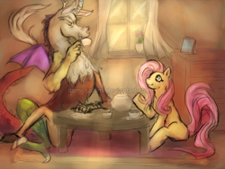 Size: 800x600 | Tagged: safe, artist:itami-salami, discord, fluttershy, g4, cup, female, male, ship:discoshy, shipping, straight, table, tea, tea party
