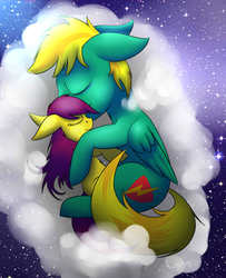 Size: 1459x1800 | Tagged: safe, artist:elarcis, artist:tartarys, duo, hug, sleeping