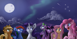 Size: 1280x657 | Tagged: safe, artist:mattatatta, applejack, fluttershy, pinkie pie, rainbow dash, rarity, spike, twilight sparkle, g4, destiny: a tale of unicorn wings, female, looking up, male, mane six, moon, night