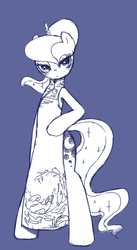 Size: 613x1121 | Tagged: safe, artist:30clock, princess luna, pony, g4, alternate hairstyle, bipedal, blushing, cheongsam, clothes, dress, female, looking at you, monochrome, ponytail, solo