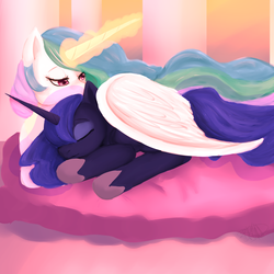 Size: 3000x3000 | Tagged: safe, artist:glitchyraptor, princess celestia, princess luna, alicorn, pony, g4, cute, duo, eyes closed, high res, hug, magic, pillow, prone, royal sisters, sisters, sleeping, smiling, weapons-grade cute, wing blanket, winghug