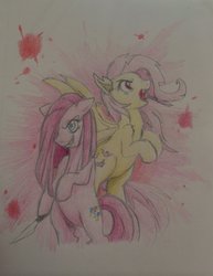 Size: 1024x1325 | Tagged: safe, artist:fallenangel5414, fluttershy, pinkie pie, g4, flutterbat, knife, pinkamena diane pie, traditional art