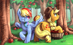 Size: 1485x933 | Tagged: safe, artist:audrarius, applejack, rainbow dash, earth pony, pegasus, pony, g4, apple, apple tree, applebutt, applejack is a spankaholic, butt, butt smack, butt touch, duo, duo female, feathermarking, female, fluffy, food, frown, grin, hat, lesbian, mare, never doubt tchernobog's involvement, one eye closed, plot, raised hoof, scenery, ship:appledash, shipping, smiling, spanking, surprised, tree, wide eyes, wings, wingspank, wink