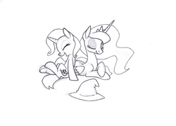 Size: 1280x913 | Tagged: safe, artist:acacia-and-lilac, princess luna, trixie, g4, hat, monochrome